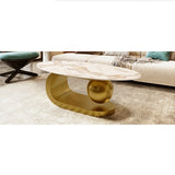 Modern Oval Coffee Table For Living Room, Marble Pattern Sintered Stone Coffee Tabletop With Gold Stainless Steel Base In 47.2